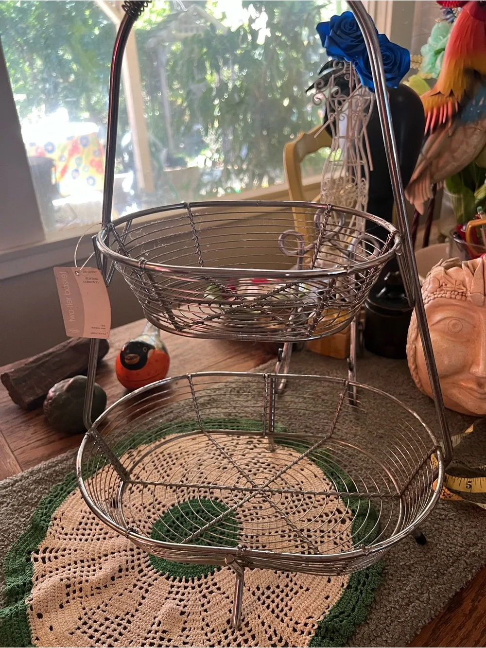 NOS Unique Oval Shaped Two-Tier Wire Basket Stand Stainless Steel Farmhouse
